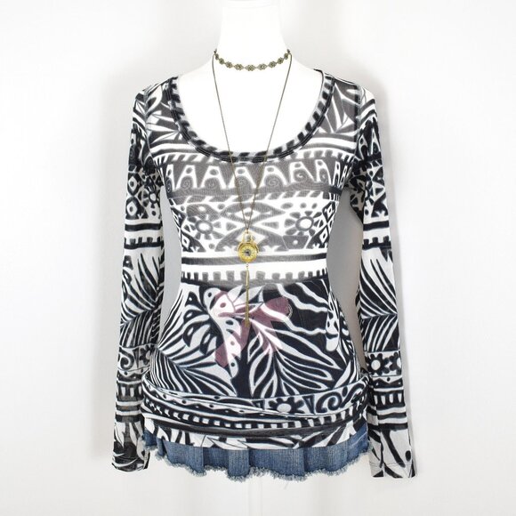 VTG 2000s Y2K Karen Kane Black and White Sheer Mesh Tribal Print Long Sleeve Top - Picture 1 of 5